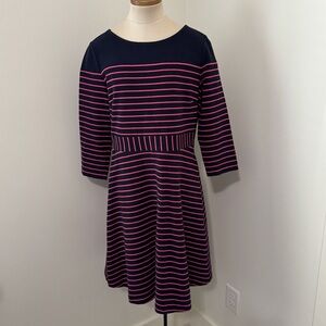 Talbots Large Navy Blue & Pink Striped Fit & Flare Dress ~ Classic Preppy Stripe
